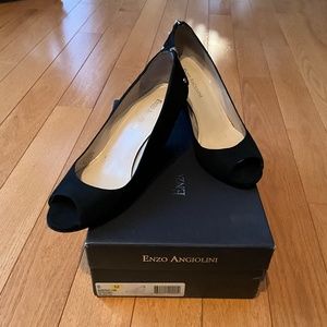 Enzo Angiolini women black suede open toe pump shoes with back zipper ac…